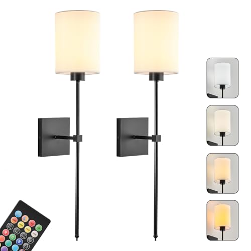 Image of Battery Operated Wall Sconce Set of Two,Wireless Rechargeable Wall Lights With Remote Control,Dimmable,4 CCT,RGB,Timer,Cordless Decor Lighting for Living Room, Bedroom, Entryway,Black, 26.8 Inch