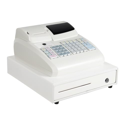 Electronic Cash Register with Locking Drawer, 47-Key Commercial POS System Cash Register, 6-Digit LED Display Cash Register, Waterproof Keyboard for Retail/Restaurant, White