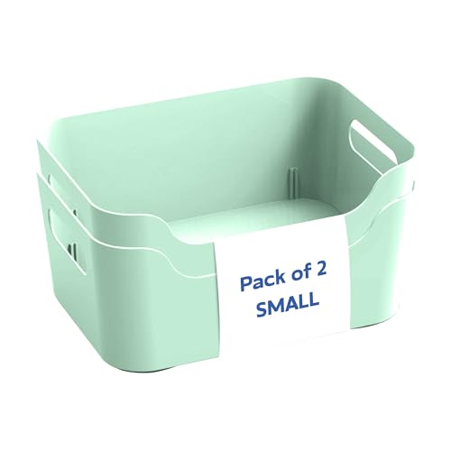 Image of KOLORR Jolly Plastic Small Baskets with Handle for Storage Box| Multipurpose Light Weight Plastic Baskets organiser for Make-up Stationary Cosmetics Kitchen Livingroom Bathroom | Pack of 2 - Mint