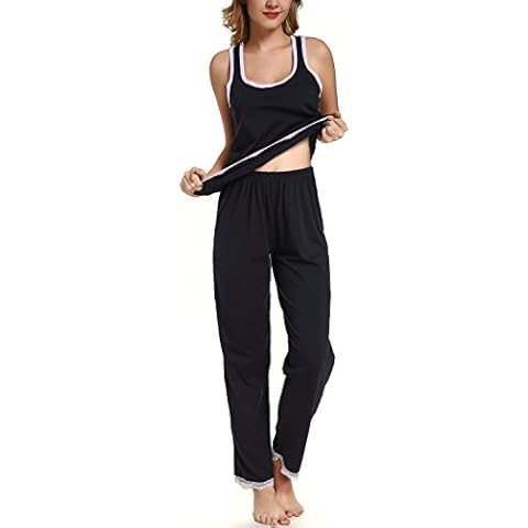 Chamllymers Women Sleepwear Soft Sleeveless Cotton Pajama Sets with Lace Trim Black S Cover