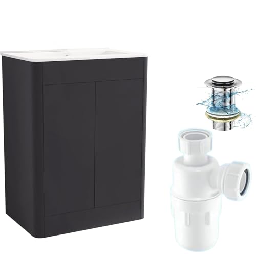Image of BELOFAY Vanity Unit with Basin | 600mm Floor Standing Bathroom Vanity Unit with Basin | High Gloss Grey | Push to Open Doors with 1 Tap Hole Ceramic Basin, Trap & Waste, Tap not included (Edison Grey)