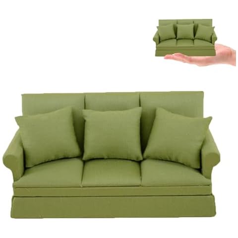 NGLONGLONG Dollhouse Sofa Mini Dollhouse Sofa 1/12 Scale Three-Person Miniature Sofa Chair with 3 Removable Cushions Cute Dollhouse Furniture Accessory for Christmas Decor, Small, Green Cover