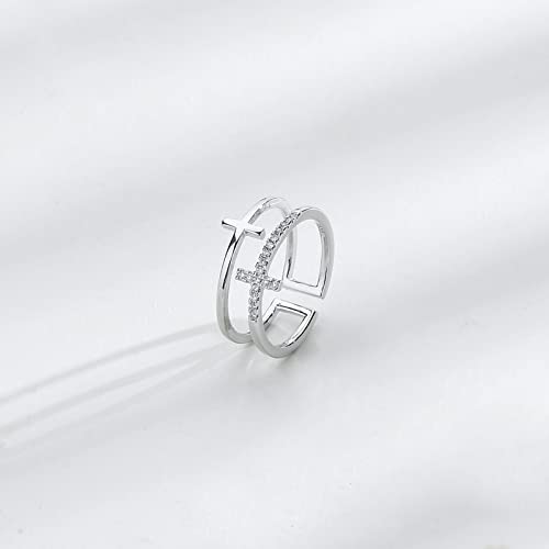 Beemean To My Daughter Ring-Pray Through It Cross Ring Double Cross Adjustable Baptism Ring Cz Diamond Ring Creative Wedding Commitment Ring Gifts For Women Girls(Silver) #TOP3