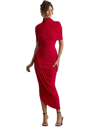 Women Half Sleeve Backless Ruched Sexy Maxi Dress Turtleneck Slim High Waist Evening Club Party Long Dress