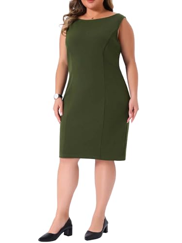 Image of Agnes Orinda Plus Size Sheath Dress for Women Sleeveless Boat Neck Casual Straight Pencil Work Dresses