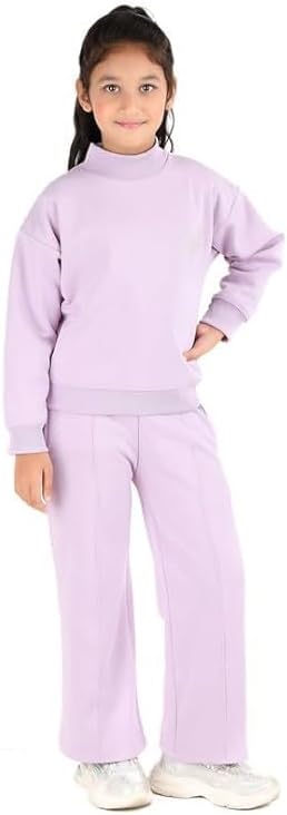 Girls' Co-Ord Crop Top Track Suit | Full Sleeve Drop Shoulder Sweatshirt with Flared Trousers | Winter Wear Loungewear Set | Regular Fit | 2 Color Options