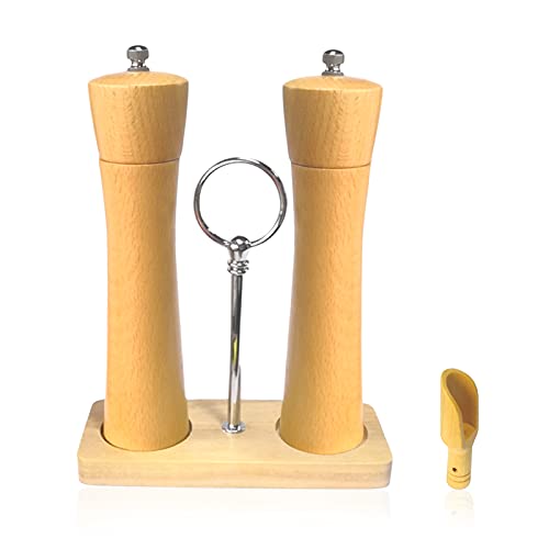 Moulin à poivre manuel en bois 2 pièces Grand modèle 20 cm Avec support et cuillère, moulin à poivre manuel Convient pour sel, poivre, piment, broyeur en céramique réglable Cover