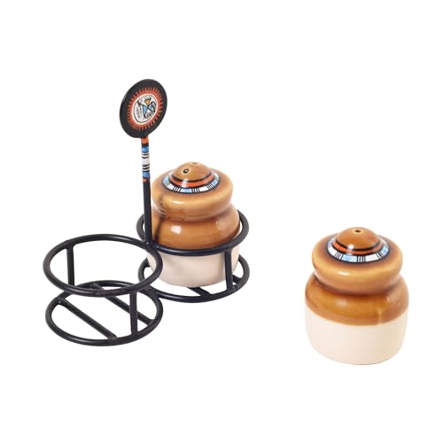 Image of Aakriti Art Creations Ceramic Salt & Pepper Set with Metal Stand | Handcrafted Modern Art Kitchen & Dining Dispenser Set | Salt Pepper Shaker Set for Dining Table | Kitchen Decoration Items Stylish