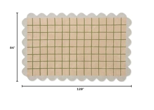 Image of Hand-Tufted Wool Area Rug - 7x10 Ft, Beige & Blush Windowpane Grid with Olive Green Lines & Light Lavender Scalloped Border, Soft High-Low Pile Carpet for Living Room, Bedroom & Nursery