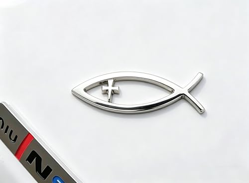 Image of 3D Chrome Emblem Badge Sticker Christian Fish with Cross Chrome Emblem Decoration for Car, Truck, Motorcycle, RV, Scooter, SUV, Door, Window (Silver Christian Fish)