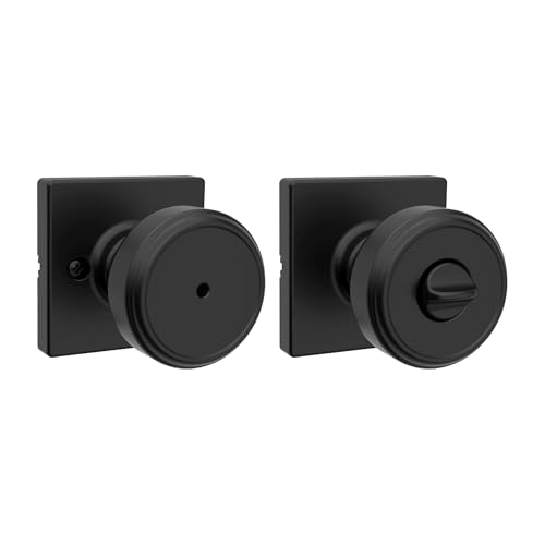 Kwikset Maven Interior Privacy Door Knob with Lock Square Door Handle for Bathroom and Bedroom Matte Black Keyless Turn Lock Doorknob with Microban Protection