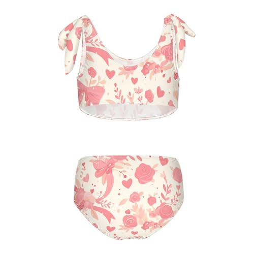 Pink Pattern with Ribbons Kisses and Flowers Girls' 2 Piecing Bikini Set Beach Bathing Suit Swimwear Adjustable Shoulder2