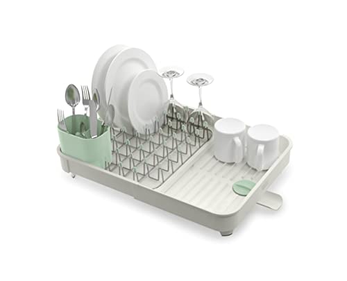 Image of Joseph Joseph Extend Expandable Dish Drainer Rack with Removable Flatware Holder Swivel Draining Spout - Stone /Sage Green