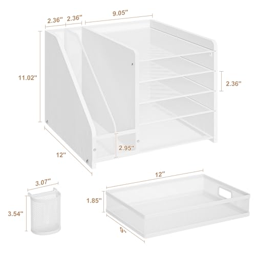 Image of Marbrasse Desk Organizer with File Holder, 5-Tier Paper Letter Tray Organizer with Drawer and 2 Pen Holder, Mesh Desktop Organizer and Storage with Magazine Holder for Office Supplies (Wood-White)