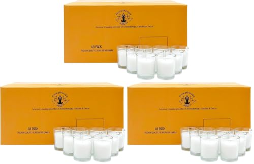 Image of Hosley 144 Pack White Unscented Votive Candles, Clear Glass, Hand-Poured Wax, Bulk Wedding & Party Candles for Gifts, Tables, Aromatherapy & Holidays Party Weddings Birthdays (White)