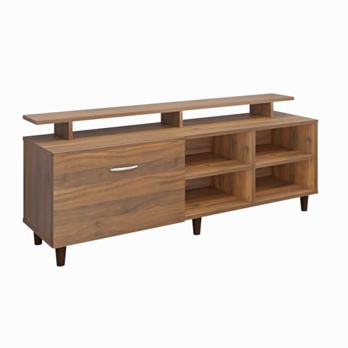 Image of VIKI Modern TV Unit for Living Room | Engineered Wood TV Cabinet with 1 Drawer Storage, 2 Open Shelves & Extension, Entertainment Unit, 140W x 48H x 40D cm | DIY | 1 Year Warranty (Walnut)