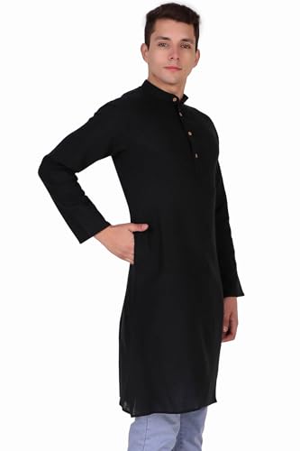 Image of Amazon Brand - Anarva Men's Handloom Cotton Solid Kurta Long Sleeves Straight Knee Length Long Shirt