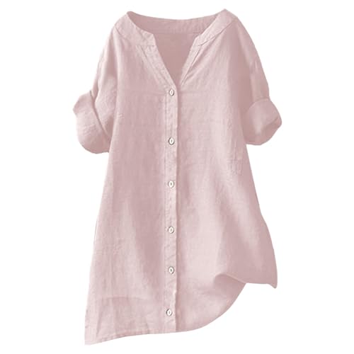 Teen Girls Short Sleeve Cotton Linen Tunic Blouses V-Neck Roll Up Button Down Shirt for Girls Trendy Top Summer Blouses3
