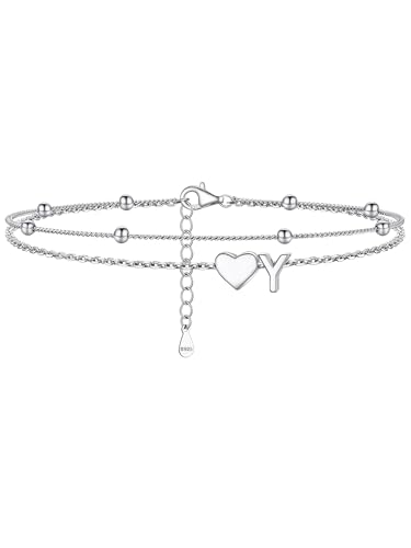 Image of PROSILVER Ankle Bracelets for Women S925 Sterling Silver Anklets for Women Waterproof, Dainty Layered Heart Anklet, Beach Initial Anklet for Summer, Letter A-Z