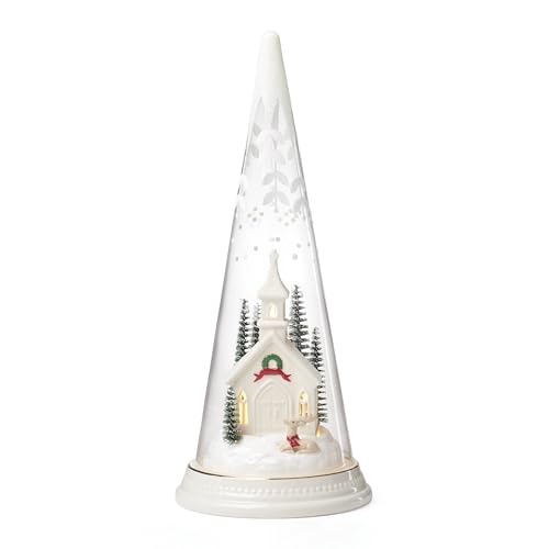 Lenox 896634 Lit Christmas Cone with Church Scene, Holiday Decor
