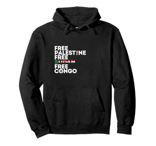 Zongo Gifts Unisex-Adults Free Palestine, Sudan, Congo Pullover Hoodie - Black, Small
