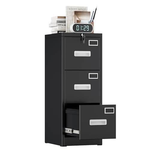 FlairVibe A4 Armario Archivador Metálico, 3 Cajonera Oficina Archivadores Verticales, Bloqueable, Incluye 2 Llaves, Dispositivo de Inserción, Muebles Oficina