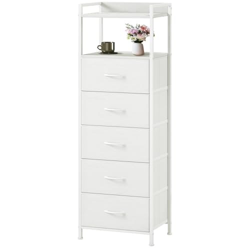 Somdot White Tall Night Stand for Bedroom,Tall 5 Drawers Dresser, Vertical Storage Tower Unit, Nightstand Furniture with Fabric Drawer Organizer in Bedside Kids Dorm Room Closet Laundry Entryway