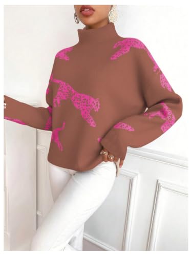 Image of WDIRARA Women's Leopard Tiger Print Sweater High Neck Long Sleeve Fuzzy Knitted Pullover Top