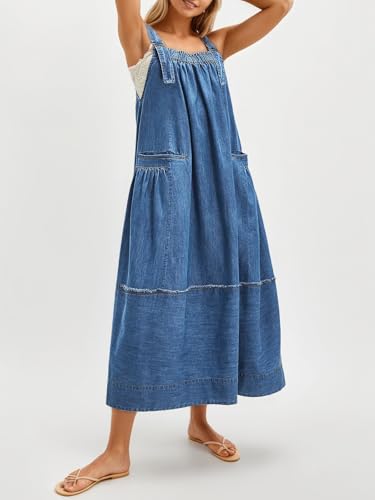Cicy Bell Women's Denim Overall Dress Casual Adjutable Strap Back Drawstring Loose Jumper Bib Maxi Dresses with Pockets3