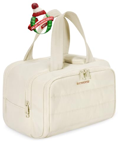 BAGSMART Reise Kulturbeutel Kulturtasche Damen, Große, Weit Offene Reisetasche für Frauen, Toiletry Bag Kosmetiktasche Make up Organizer mit Griff für Zubehör, Essentials, Toilettenartikel, Beige