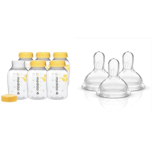 Image of Medela Breast Milk Collection and Storage Bottles, 6 Pack, 5 Ounce Breastmilk Container & Slow Flow Spare Nipples with Wide Base, 3 Pack, Compatible Storage Bottles