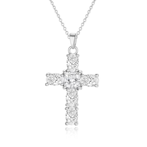 Solistra Cross Necklace for Women, Silver Plated Cubic Zirconia Cross Pendant Necklace, Trendy Christian Gifts for Baptism First Communion Christmas