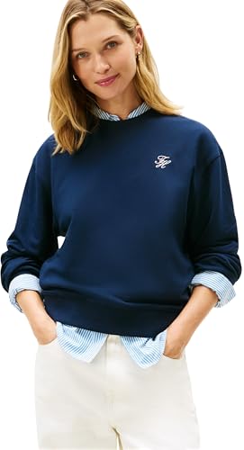 Tommy Hilfiger Donna Felpa Script Terry Regular Fit, Nero (Dark Night Navy), L