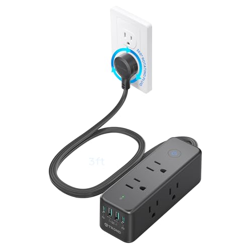 Image of TROND Surge Protector Power Strip with 360 Rotating Flat Plug, Black | Flat Extension Cord 3ft, 6 Widely Spaced Outlets and 2 USB-C PD20W Ports, 1440J Surge Protector for Home Office Dorm