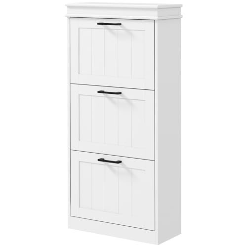 HOMCOM Shoe Storage Cabinet with 3 Flip Drawers, Freestanding Narrow Shoe Cabinet with Adjustable Shelves, Slim Hidden Rack Organizer for Entryway, Hallway, White