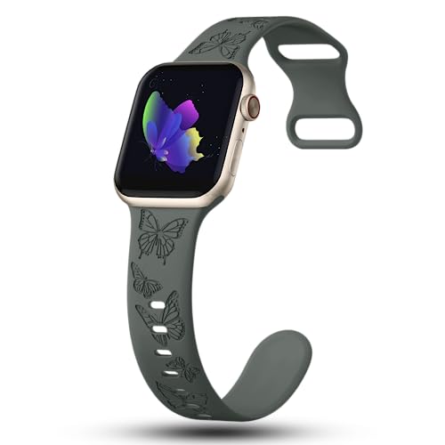 Image of Butterfly Engraved Bands Compatible with Apple Watch Band 41mm 40mm 38mm 49mm 46mm 49mm 46mm 45mm 44mm 42mm Women, Silicone Sport Strap for iWatch Series SE 10 9 8 7 6 5 4 3 2 1 SE Ultra