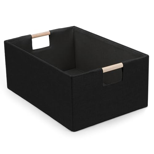 Foldable Fabric Storage Basket for Shelves Linen Decorative Storage Bin with Wooden Handles Small Organizer Cube for Closet Rectangle Canvas Box for Organizing Decor 15x10.6x6 Inches (Blcak)