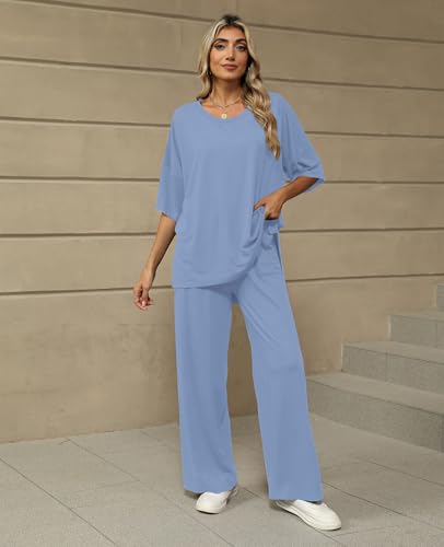 Image of KevaMolly 2 Piece Lounge Set for Women Postpartum Oversized Tops and Wide Leg Pants Soft Comfy Pajamas Set 2 Piece Outfits