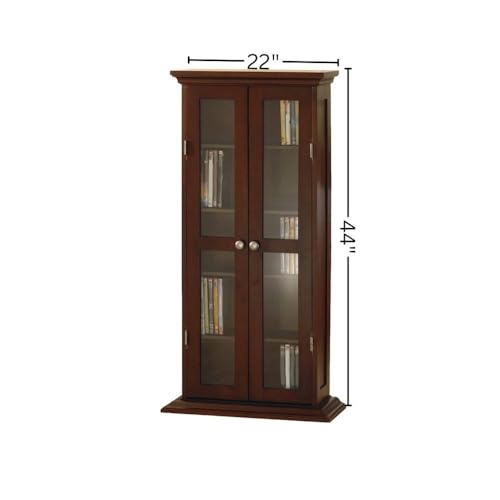 Furnifact Media Storage Cabinet, Double Wood Trim Glass Doors, 4 Adjustable Shelves, Solid Wood, Walnut Finish