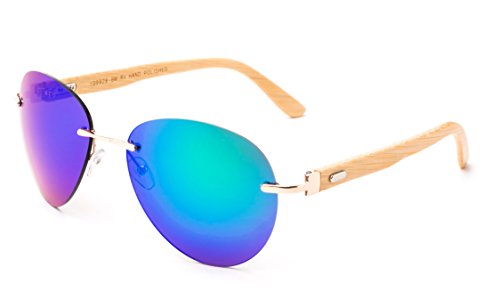 Newbee Fashion - Bamboo Arm Oversized Rimless Aviator Sunglasses with Flash Lens Bamboo Sunglasses for Men & Women3