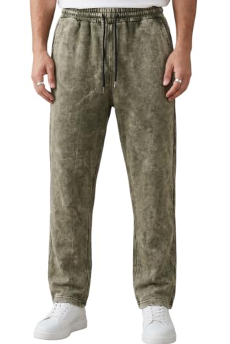 Image of boffi ... 100% Cotton Men's Relaxed Fit Pants, Wide Leg Fit, Acid Wash, Drawstring Elastic Waist, Casual Street Style