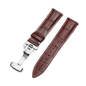 ewatchaccessories Correa de reloj de piel auténtica de 21 mm, diseño de mariposa marrón con puntada blanca, cierre de hebilla desplegable plateada