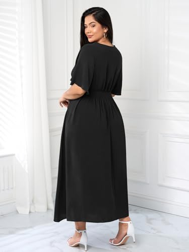 Women's Plus Size Dress for Women Wedding Guest Cocktail Smocked Ruffle Short Sleeve V Neck Flowy Maxi Dresses3