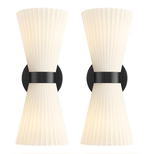 Image of Black Wall Sconces Set of Two, HWH Modern Wall Light Fixtures Indoor Wall Lamp Up and Down, Matte Black Finish with Frosted Milk White Striped Glass Shade, 5HZG97B-2W-2PK BK