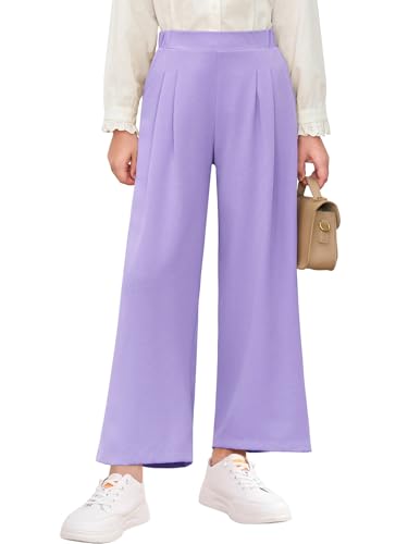 Image of Haloumoning Girls Uniform Pants Kids Wide Leg Dress Pants 5-14 Years | High Waisted, Casual Trousers, With Pockets