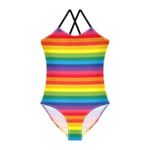 senya Girls Swimsuits One-Piece Swimwear Tie Bathing Suit Beach Summer Round Neck 7-8T Rainbow Stripes Pattern