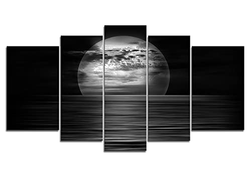 5 paneles de arte de pared de la luna en el nivel del mar, noche en blanco y negro, la imagen impresa sobre lienzo, cocina (lienzo envuelto para pared, listo para colgar) Cover