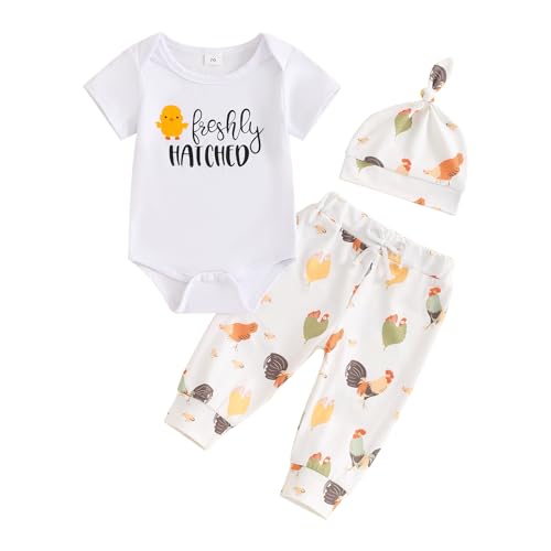 Image of baorji Newborn Baby Boy Girl Farm Clothes Freshly Hatched Romper Chicken Long Pants Set Hat 3Pcs Neutral Coming Home Outfit