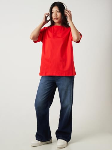 Image of Bewakoof Women's Solid Oversized Fit Half Sleeve Round Neck Cotton Jersey T-Shirt