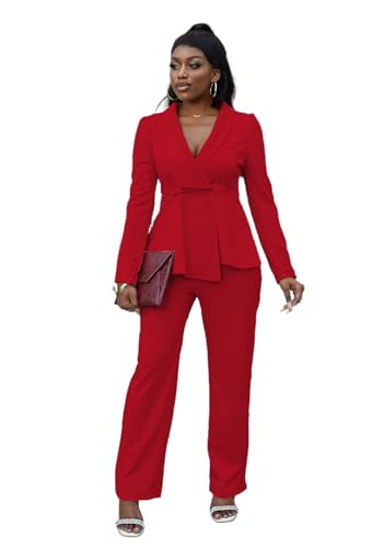 HuiSiFang Women's Pant Suits Dressy Business Casual Ruffle Blazer Pantsuits Sets 2 Piece Work Outfits